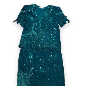 100% silk Laurence Kazar Vintage Teal Beaded Silk set
